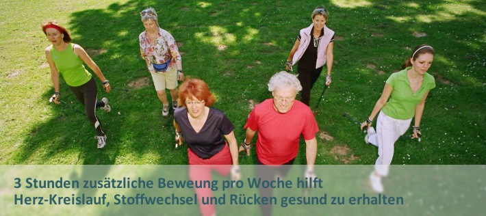 3 Stunden zusätzliche Beweung pro Woche hilft Herz-Kreislauf, Stoffwechsel und Rücken gesund zu erhalten